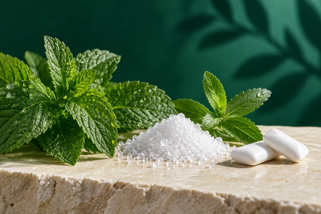 Peppermint leaves, sweetener crystals and gum pieces in an ingredient illustration