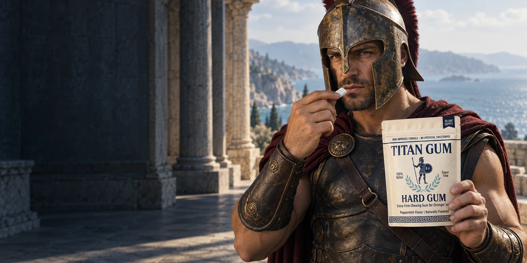 Greek warrior beside a Mediterranean colonnade holding the Titan Gum pouch in his left hand and a gum piece in his right